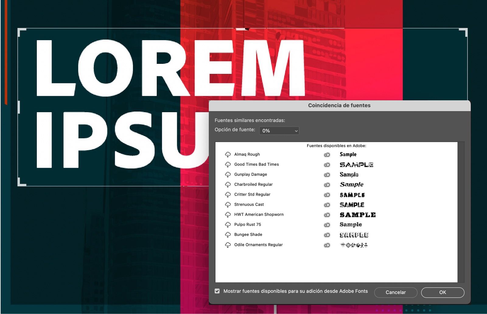 Un documento de ejemplo que muestra una imagen con el texto seleccionado.El cuadro de diálogo Coincidencia de fuente está abierto, mostrando una lista de fuentes similares al texto seleccionado.