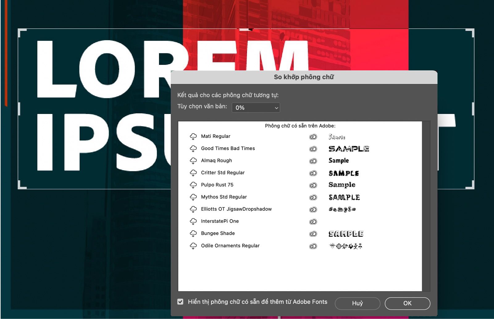 Một tài liệu mẫu hiển thị hình ảnh với văn bản đã được chọn. Hộp thoại Xác định phông chữ trùng khớp đang mở, hiển thị danh sách phông chữ tương tự với văn bản đã chọn.