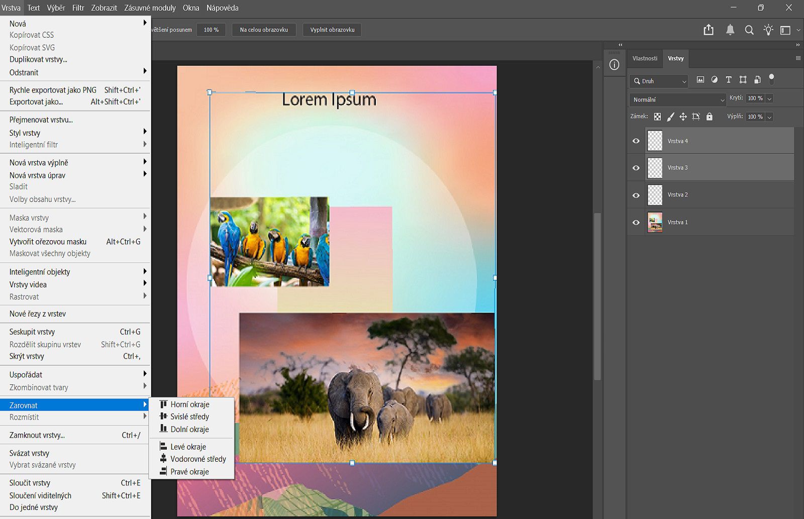Vzorový dokument ukazuje vybrané vrstvy na panelu Vrstvy a možnosti zarovnání v nabídce Vrstva.