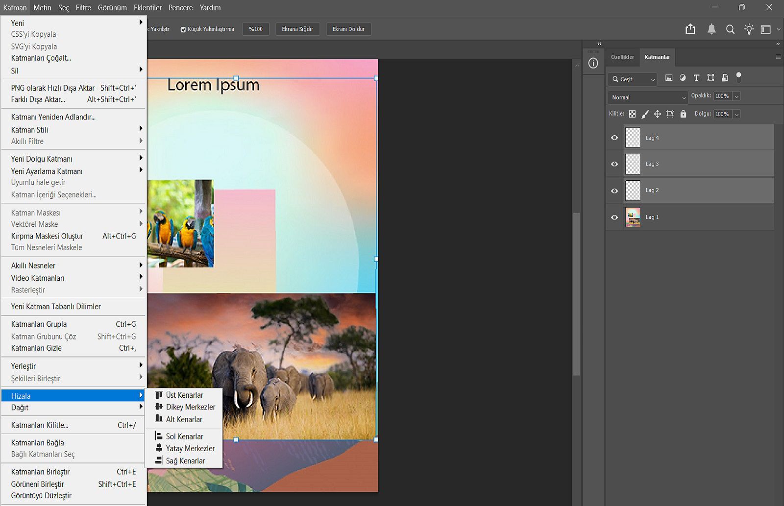Katmanlar panelinde seçili katmanları ve Katman menüsünde Hizala seçeneklerini gösteren örnek belge.