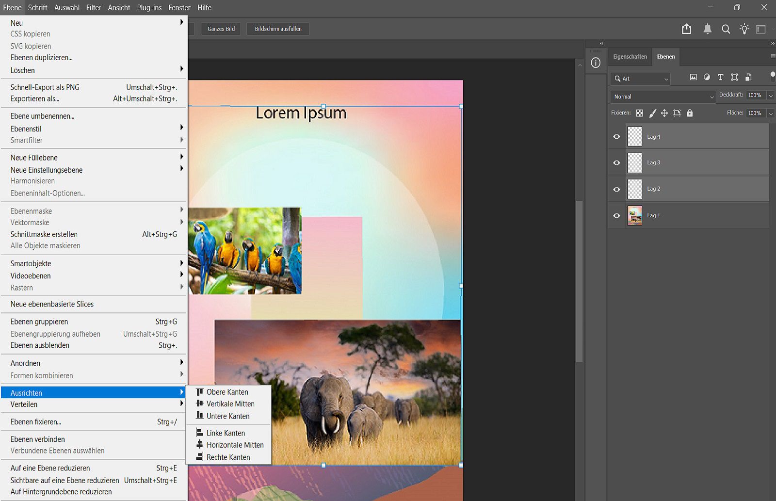 Ein Beispieldokument zeigt ausgewählte Ebenen im Ebenen-Bedienfeld und Ausrichtungsoptionen im Ebenen-Menü.