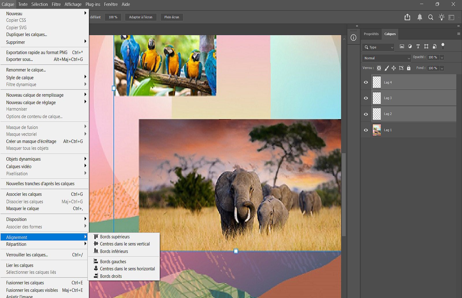Un exemple de document montrant des calques sélectionnés dans le panneau Calques et des options d’alignement dans le menu Calque.