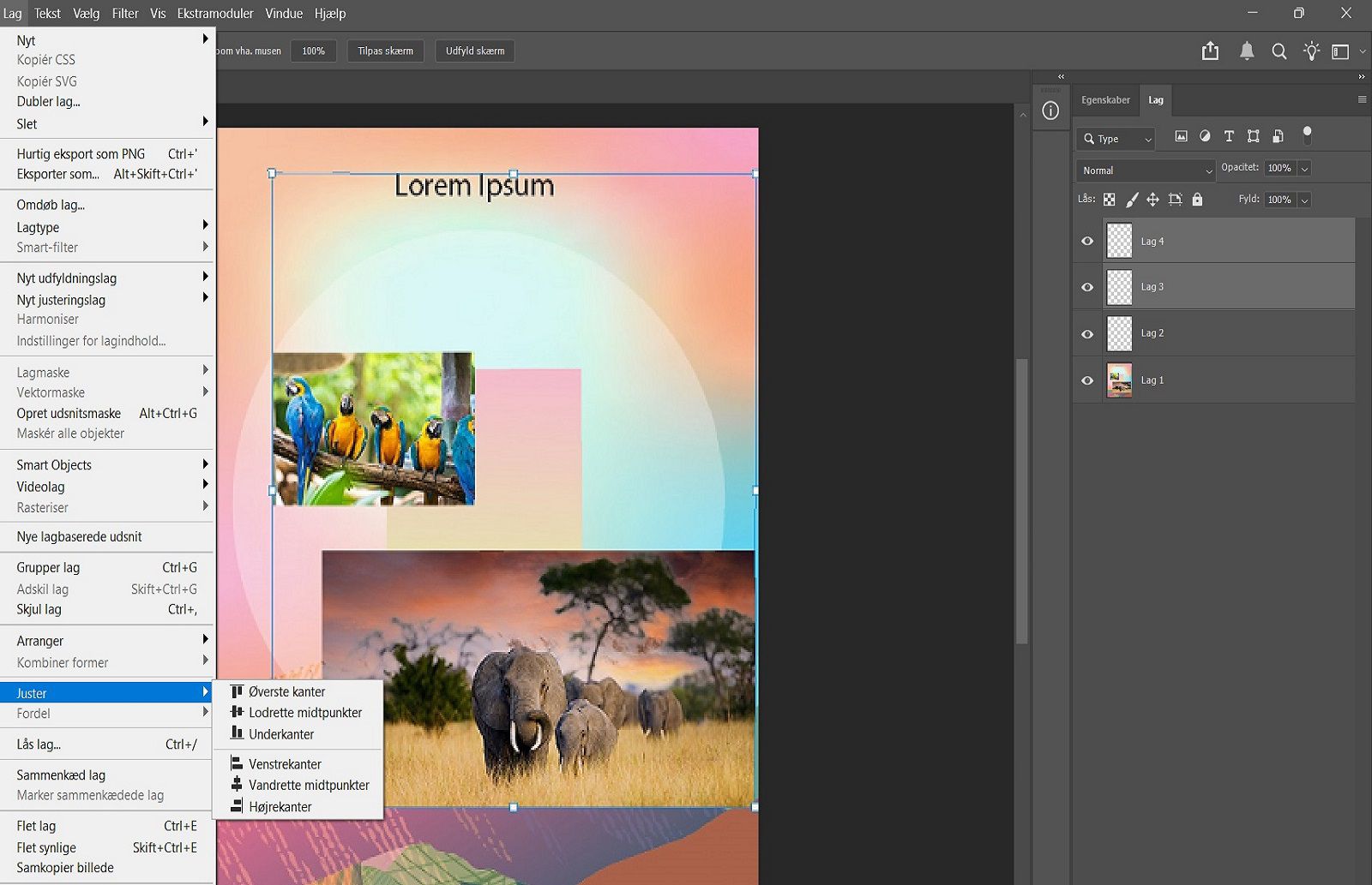 Et eksempeldokument der viser valgte lag i panelet Lag og indstillinger for justering i menuen Lag.