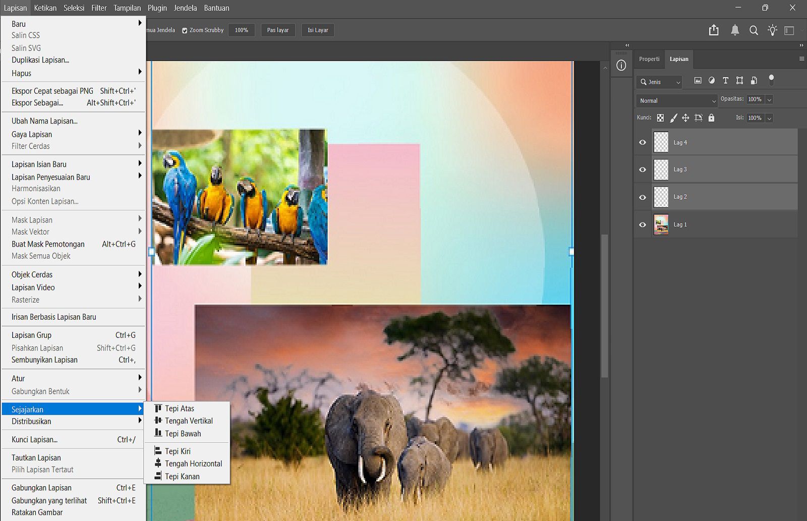Dokumen sampel yang menampilkan lapisan yang dipilih di panel Lapisan dan opsi Sejajarkan di menu Lapisan.