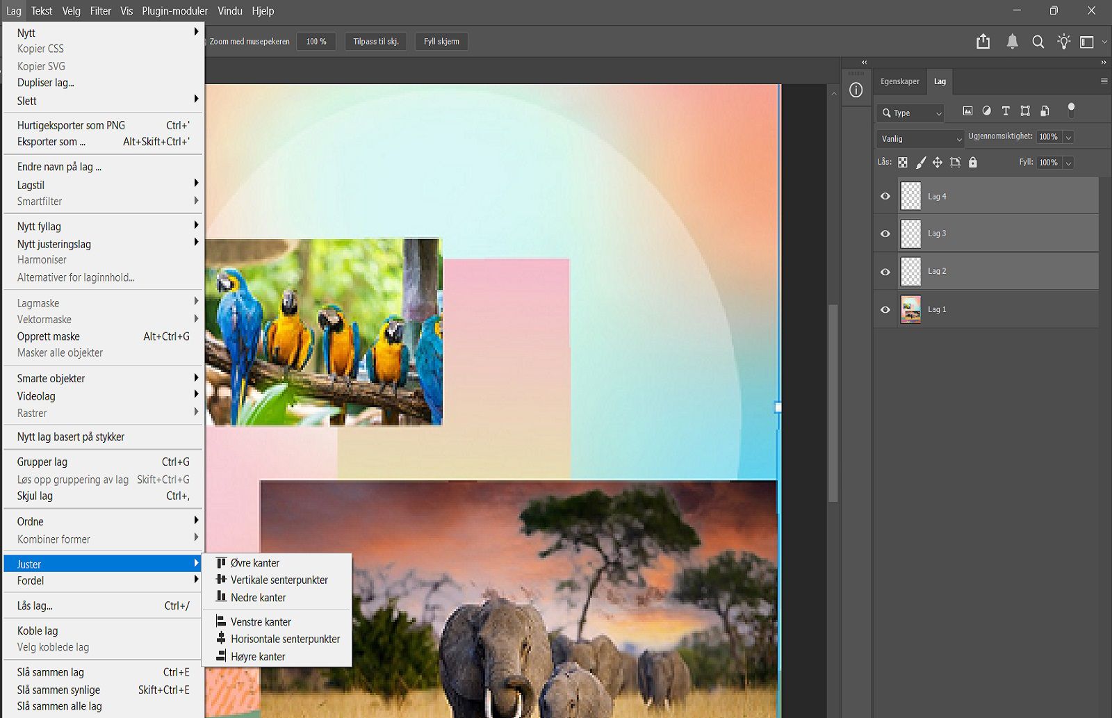 Et eksempeldokument som viser valgte lag i Layers-panelet og Align-alternativer i Layer-menyen.