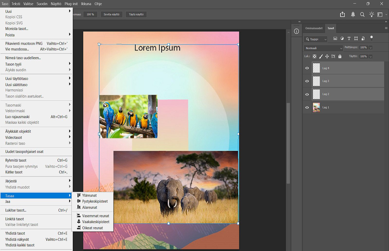 Esimerkkidokumentti, jossa näkyy valitut tasot Tasot-paneelissa ja tasausvalinnat Taso-valikossa.