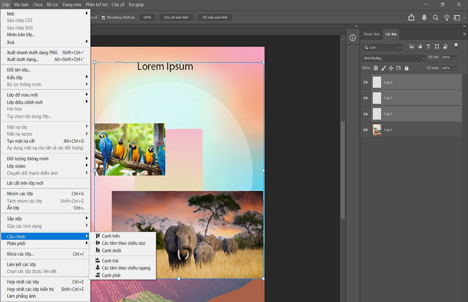 Tài liệu mẫu hiển thị các lớp được chọn trong bảng Lớp và các tùy chọn Căn chỉnh trong menu Lớp.