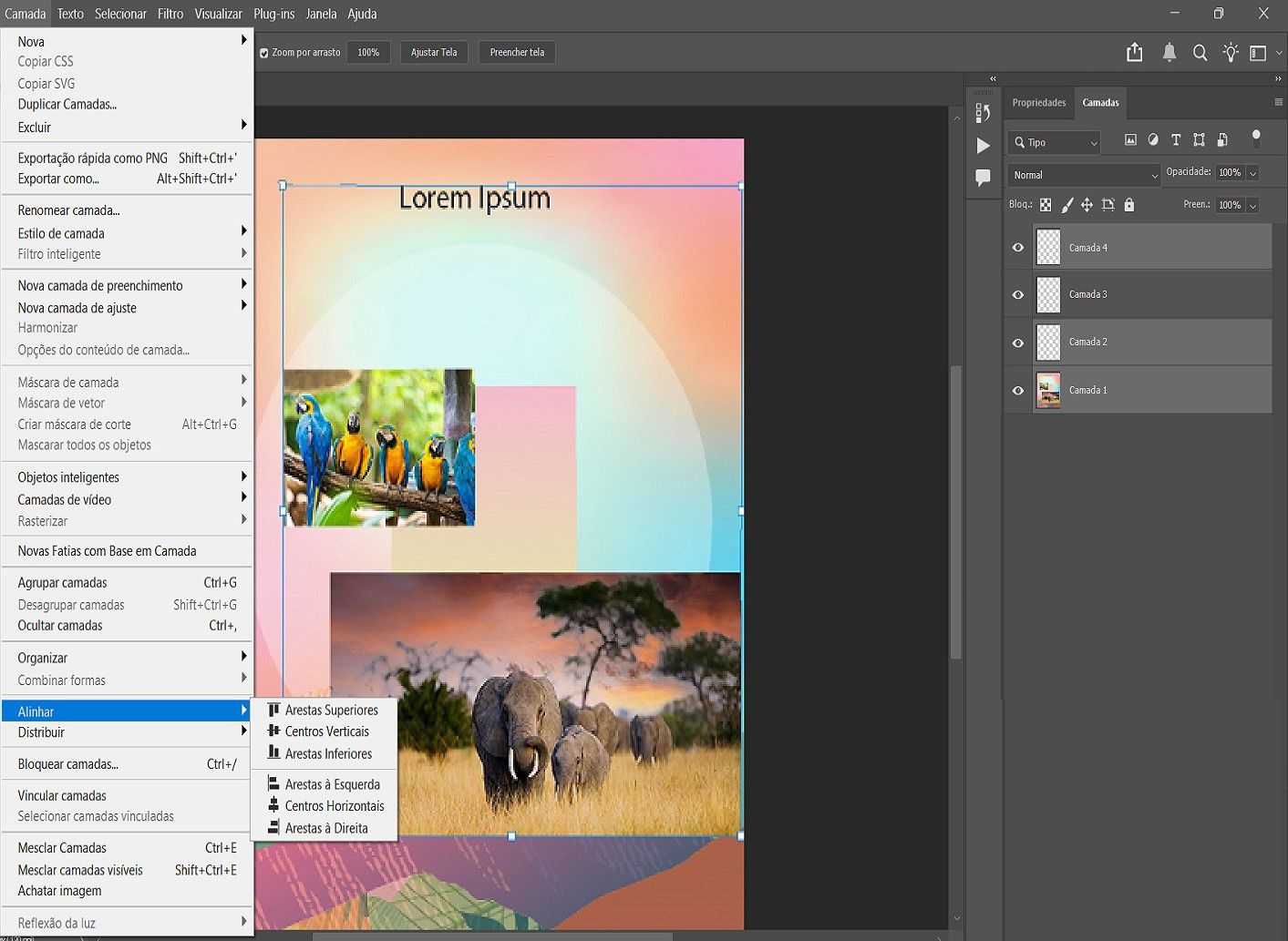 Um documento de exemplo mostrando camadas selecionadas no painel Camadas e opções de alinhamento no menu Camada. 