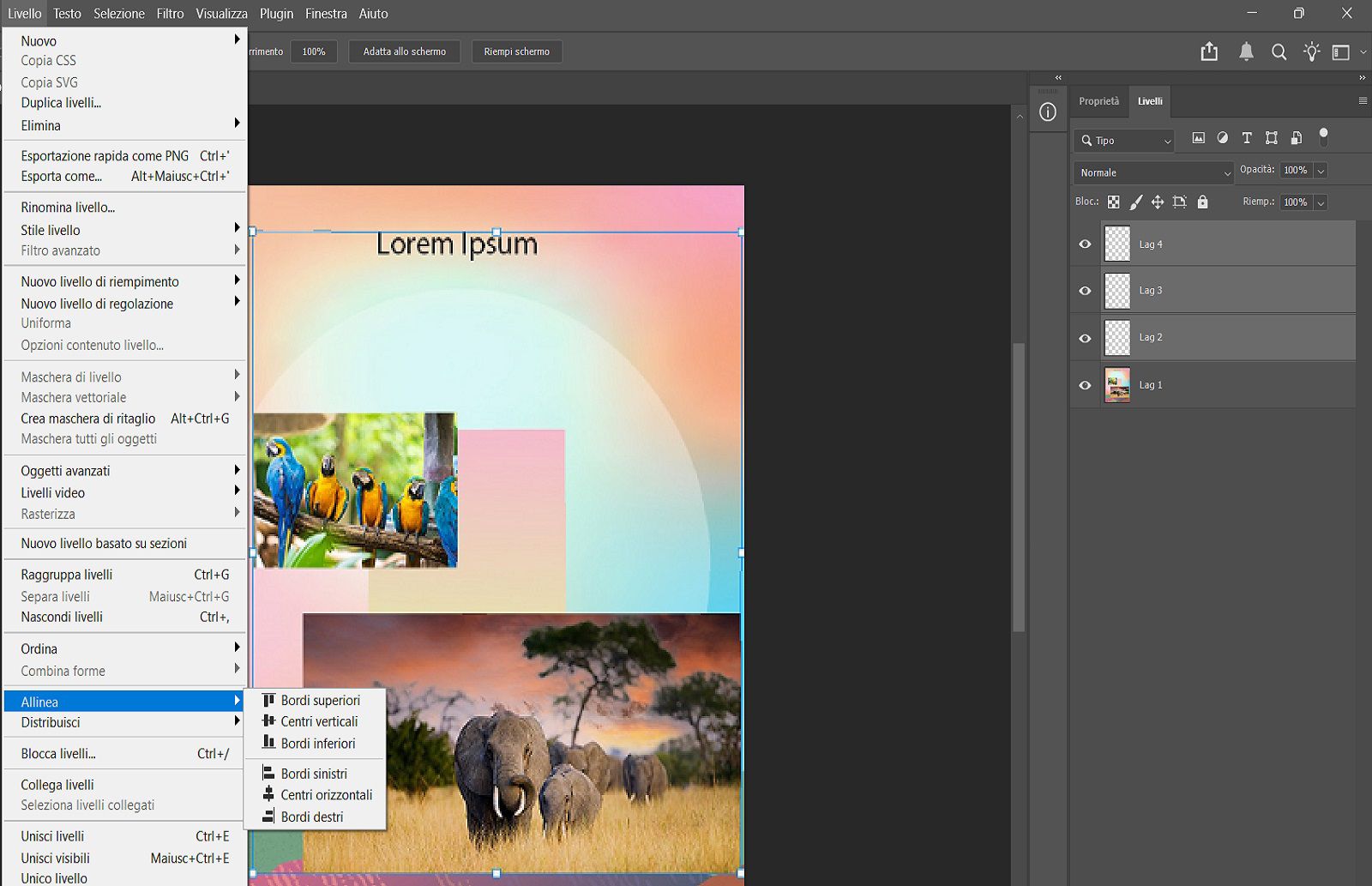 Un documento di esempio che mostra i livelli selezionati nel pannello Layers e le options di Align nel menu Layer.