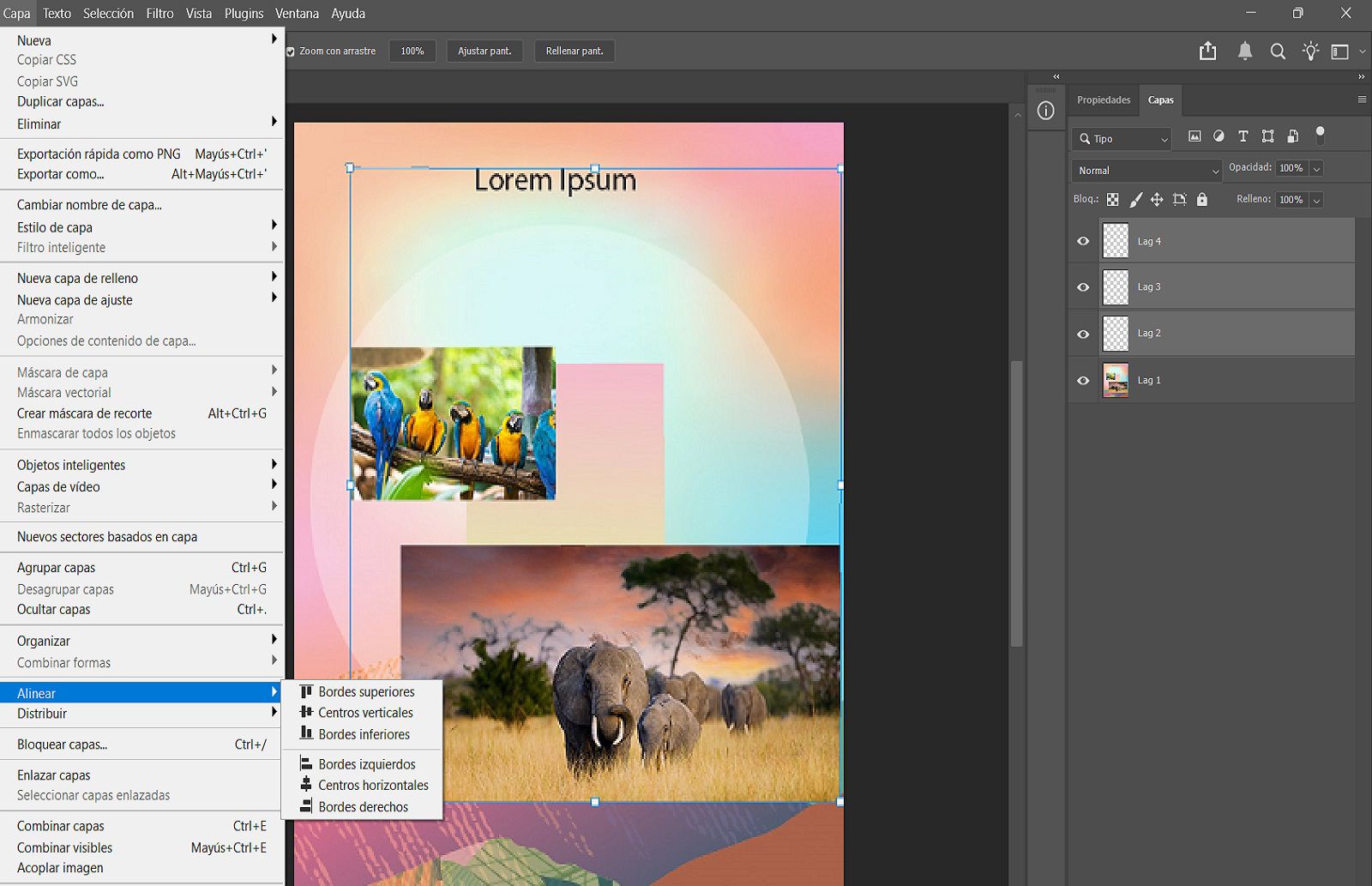 Un documento de ejemplo que muestra las capas seleccionadas en el panel Layers y las options de Align en el menú Layer.