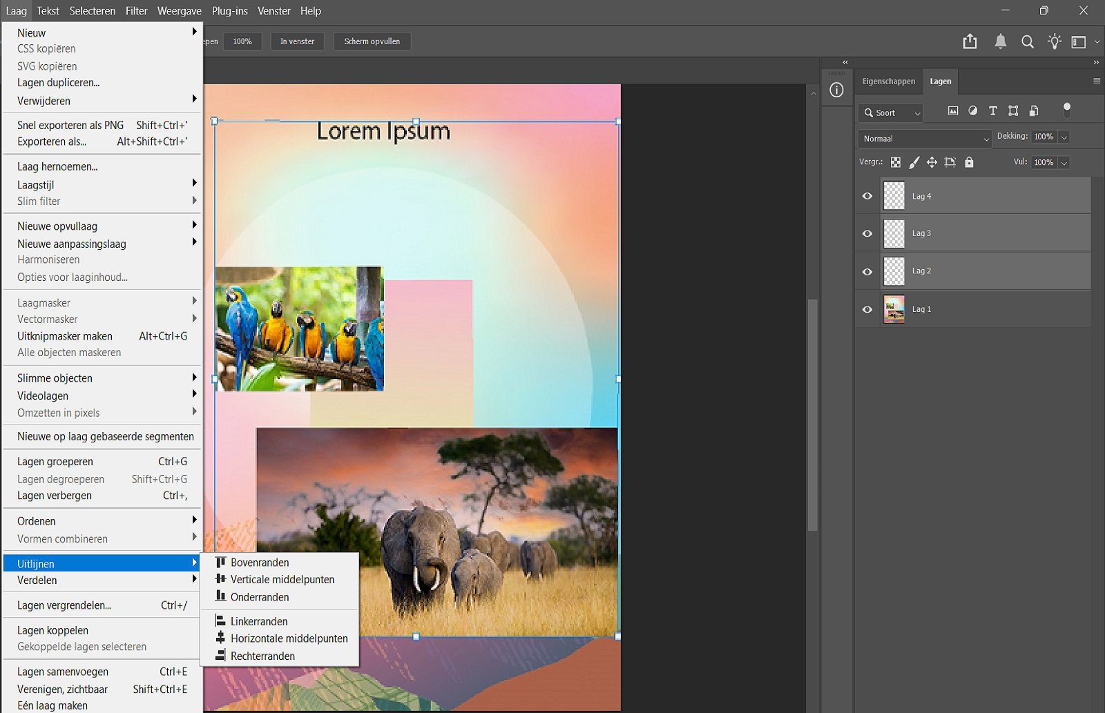 Een voorbeelddocument met geselecteerde lagen in het Layers-paneel en options voor uitlijning in het Layer-menu.