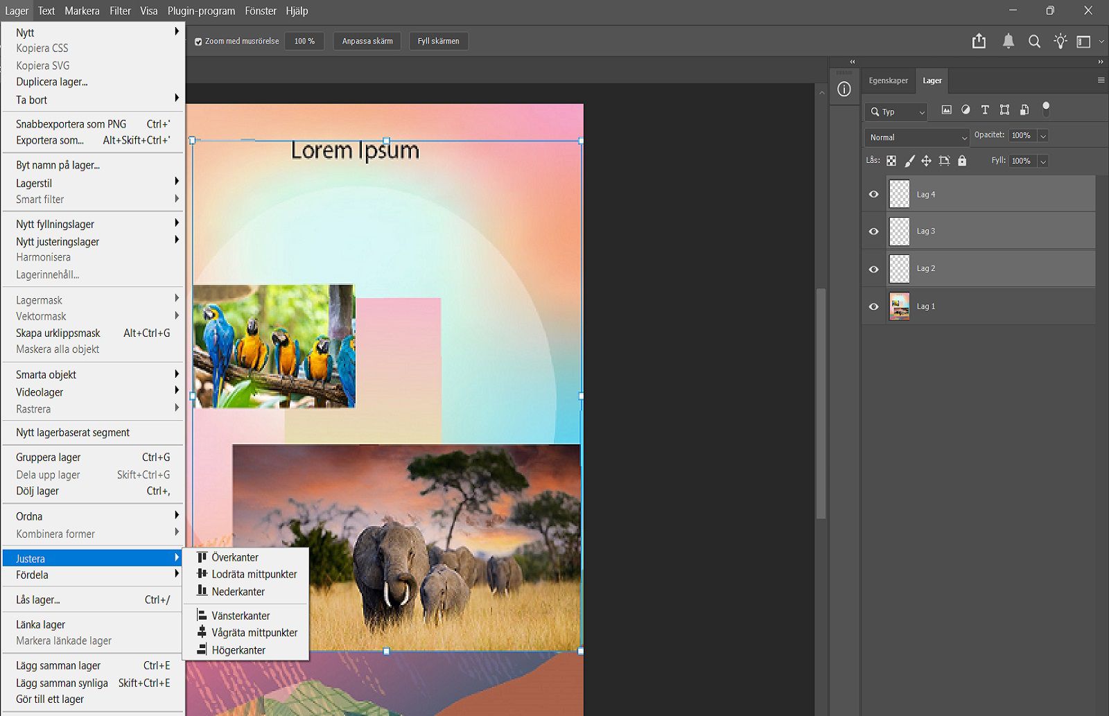 Ett exempeldokument som visar valda lager i panel Layers och options för justering i Layer-menyn.