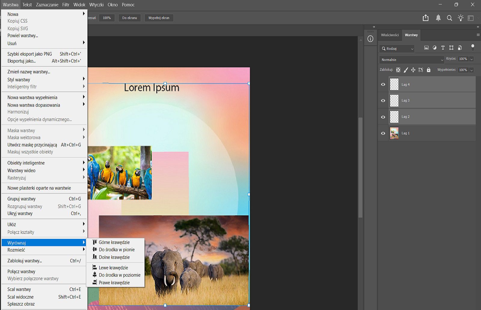 Przykładowy dokument pokazujący zaznaczone warstwy w panelu Warstwy oraz opcje wyrównywania w menu Warstwa