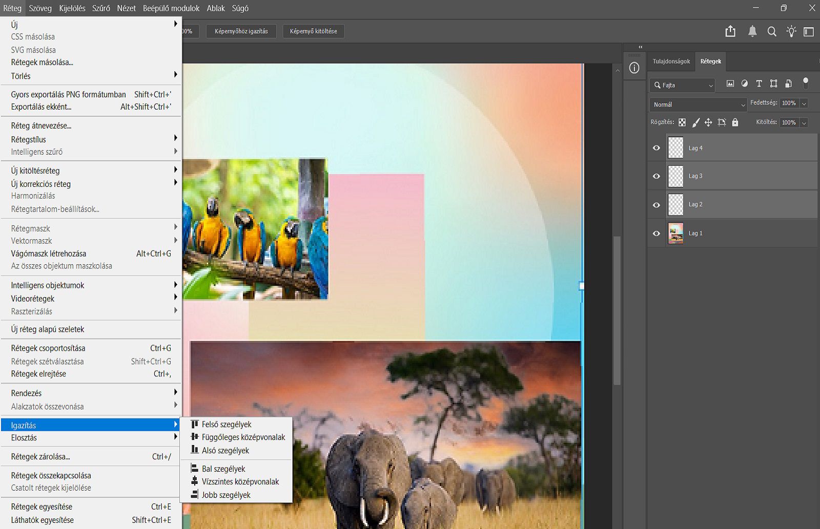 Egy mintadokumentum, amelyen a Rétegek panelen kijelölt rétegek és a Réteg menü Igazítás beállításai láthatók.