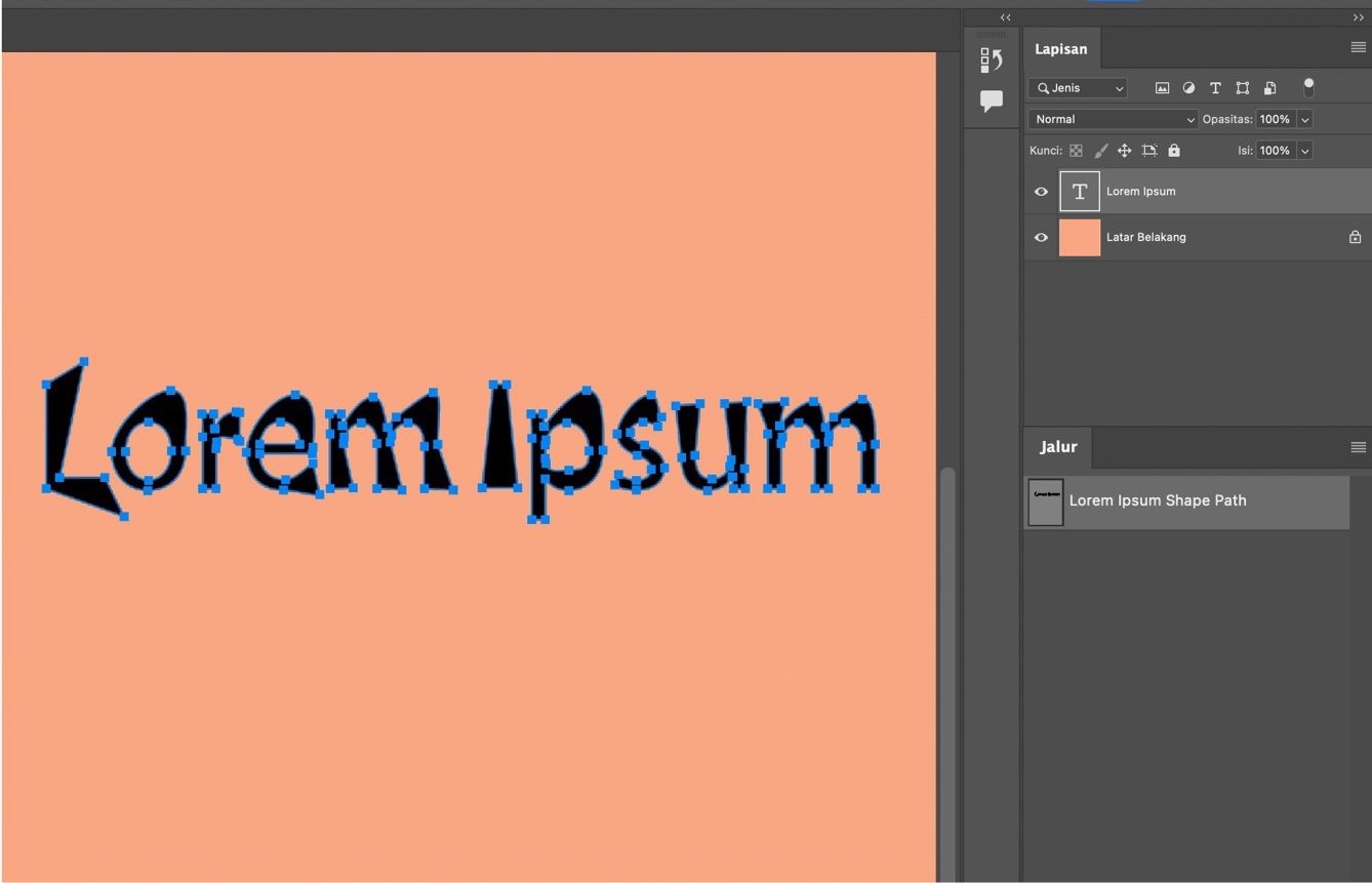 Contoh dokumen yang menunjukkan teks yang dikonversi menjadi bentuk dengan titik jangkar yang terlihat.Panel Lapisan terbuka.