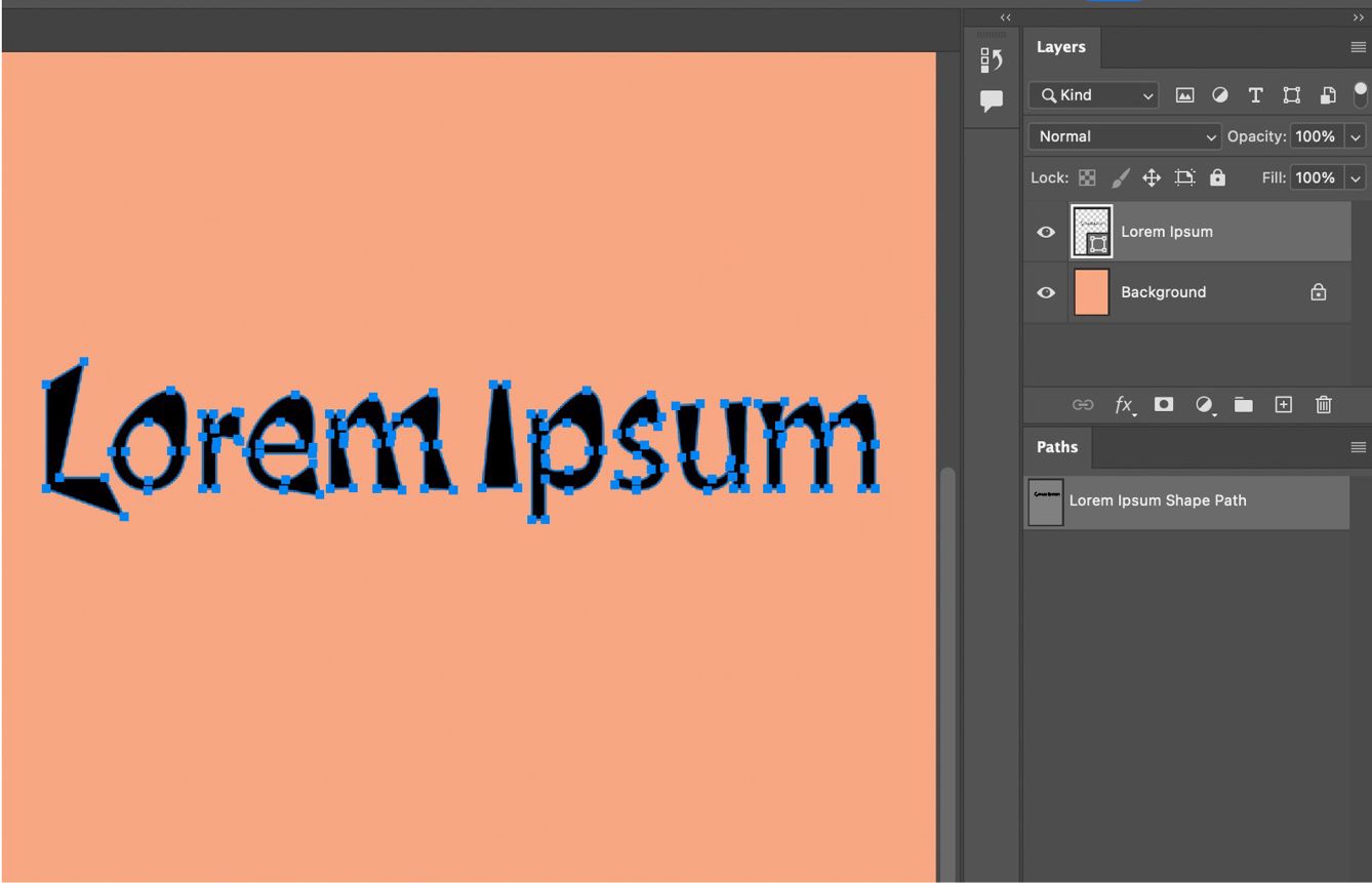 מסמך לדוגמה המציג טקסט שהומר לצורה עם נקודות העוגן הגלויות.הלוח Layers פתוח.