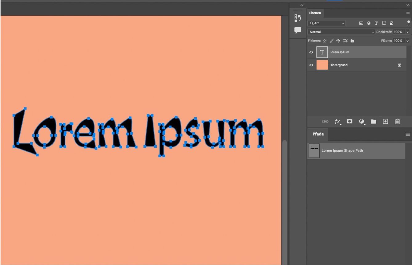 Ein Beispieldokument zeigt in Form konvertierten Text mit sichtbaren Ankerpunkten. Das Ebenenbedienfeld ist geöffnet.