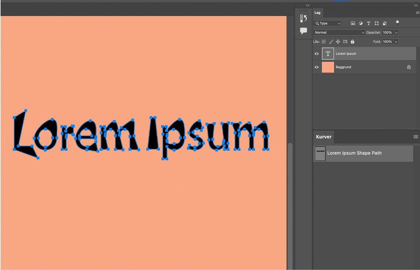 Et eksempeldokument der viser tekst konverteret til form med synlige ankerpunkter.Panelet Lag er åbent.