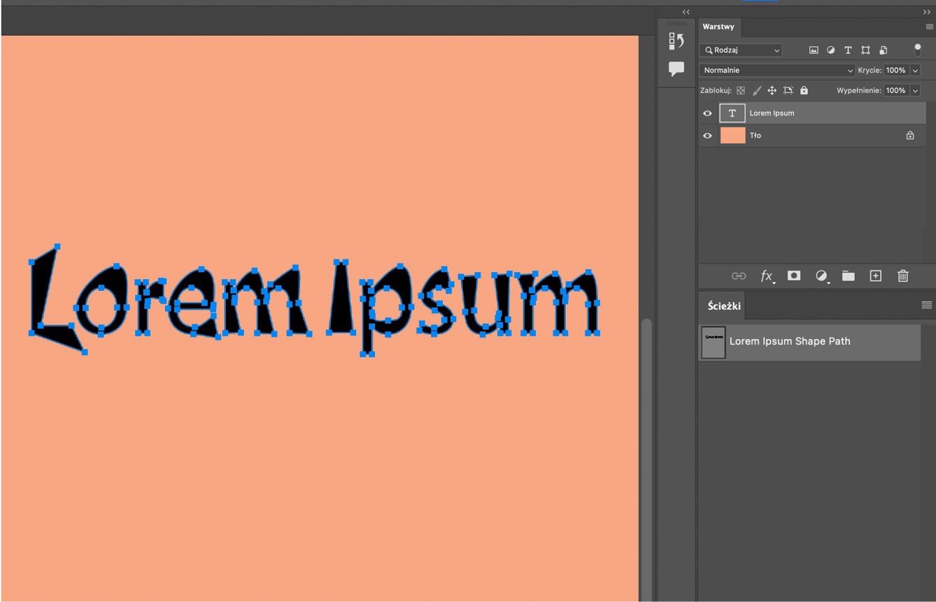 Przykładowy dokument pokazujący tekst przekonwertowany na kształt z widocznymi punktami kontrolnymi.Panel Layers jest otwarty.