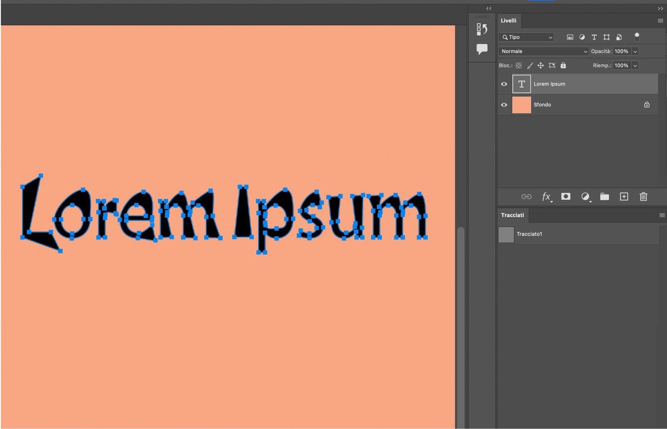 Un documento di esempio che mostra il testo convertito in forma con i punti di ancoraggio visibili.Il pannello Livelli è aperto.