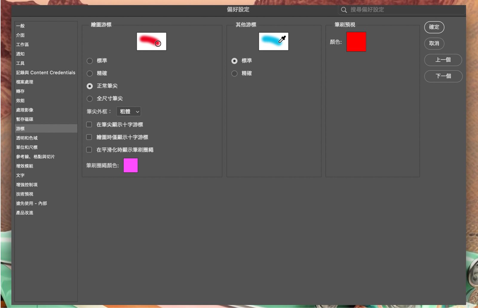 範例文件顯示「偏好設定」面板中的游標選項。