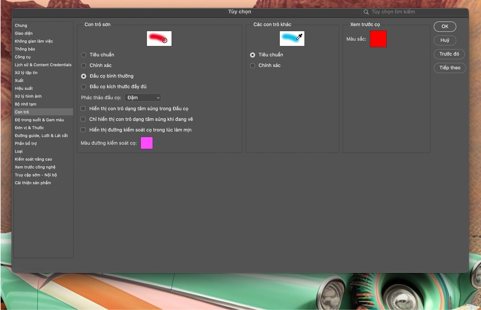 Tài liệu mẫu hiển thị các tùy chọn Con trỏ trong bảng Tùy chọn.