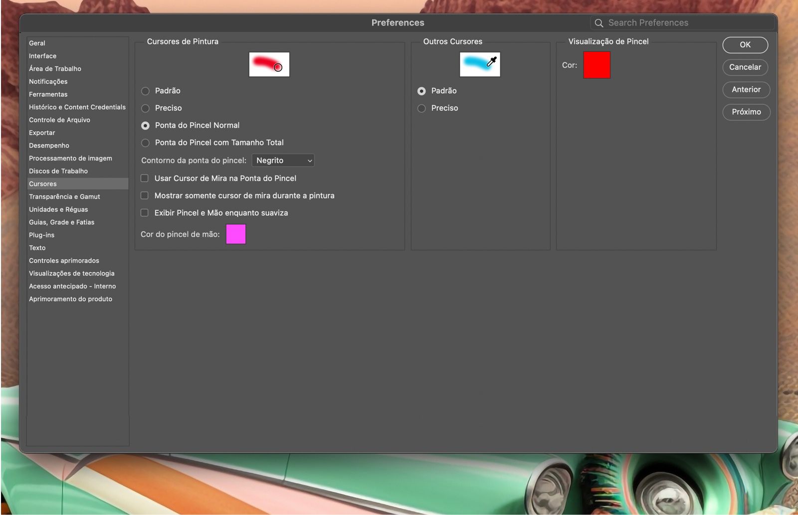 Um documento de exemplo mostrando as opções de Cursor no painel Preferências.