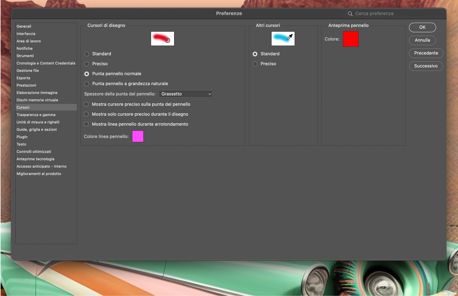 Un documento di esempio che mostra le opzioni del Cursore nel pannello Preferenze.