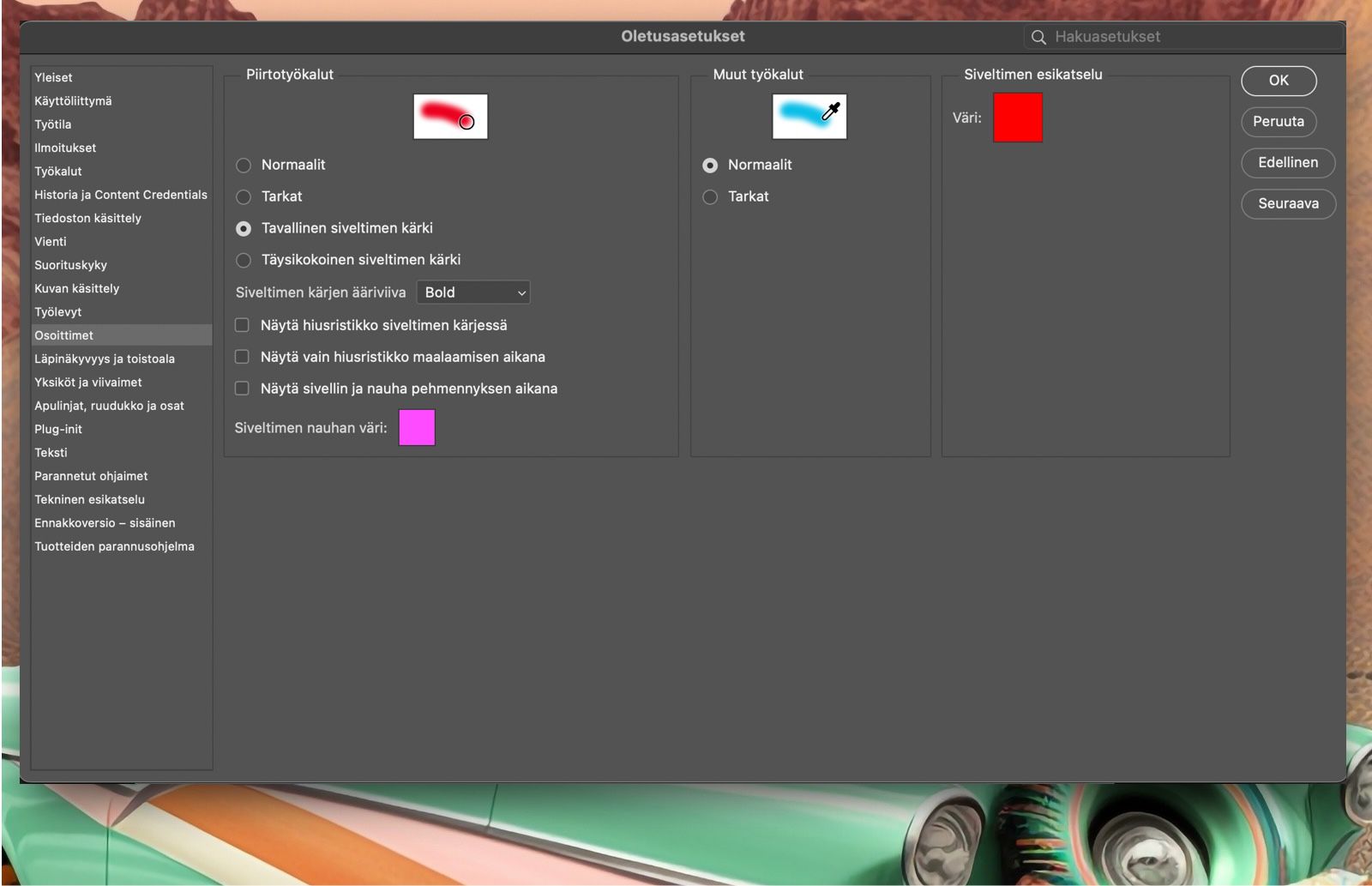 Esimerkkidokumentti, jossa näkyy Oletusasetukset-paneelin osoitinvaihtoehdot.