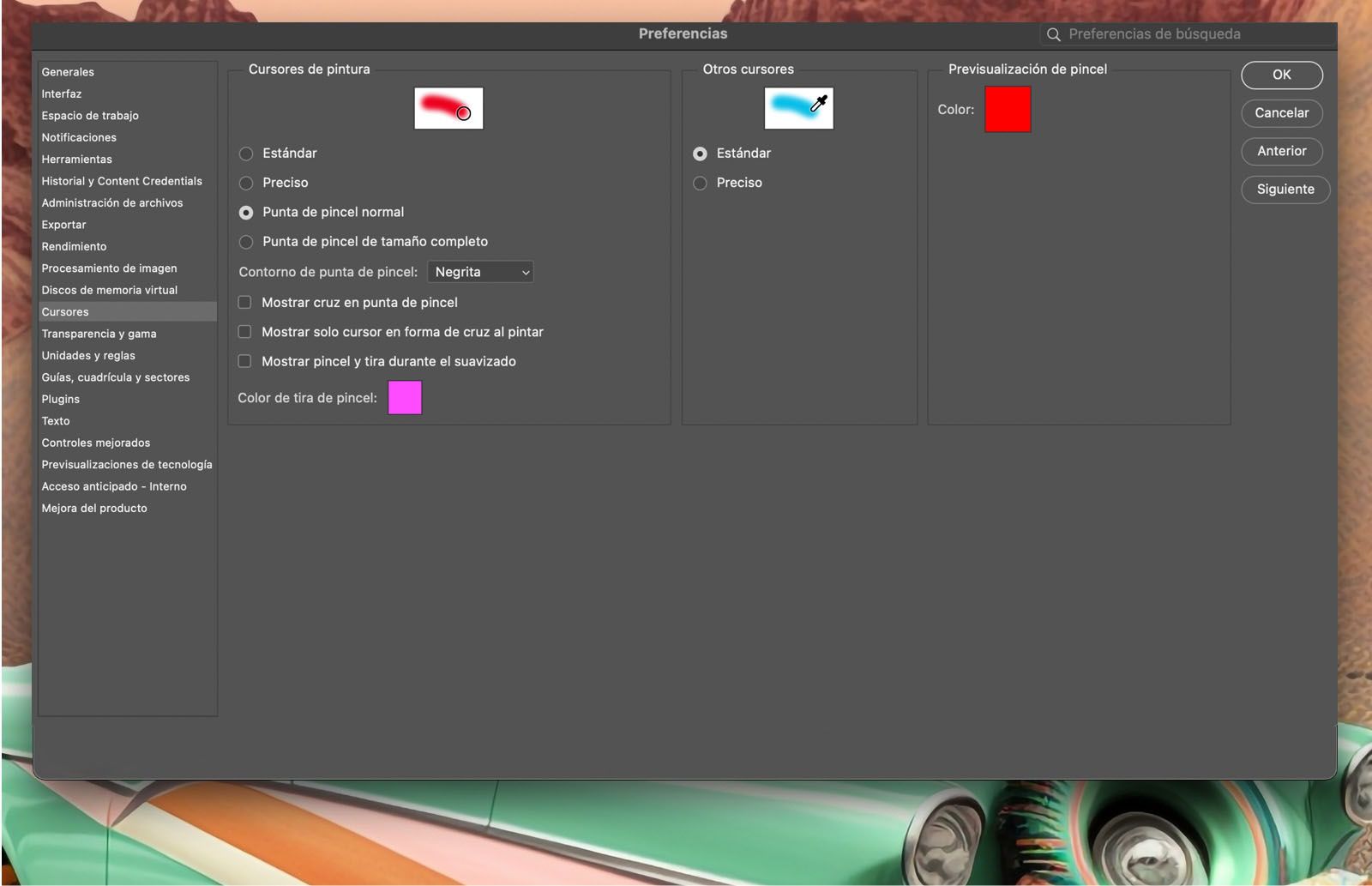 Un documento de ejemplo que muestra las opciones de Cursor en el panel Preferences.