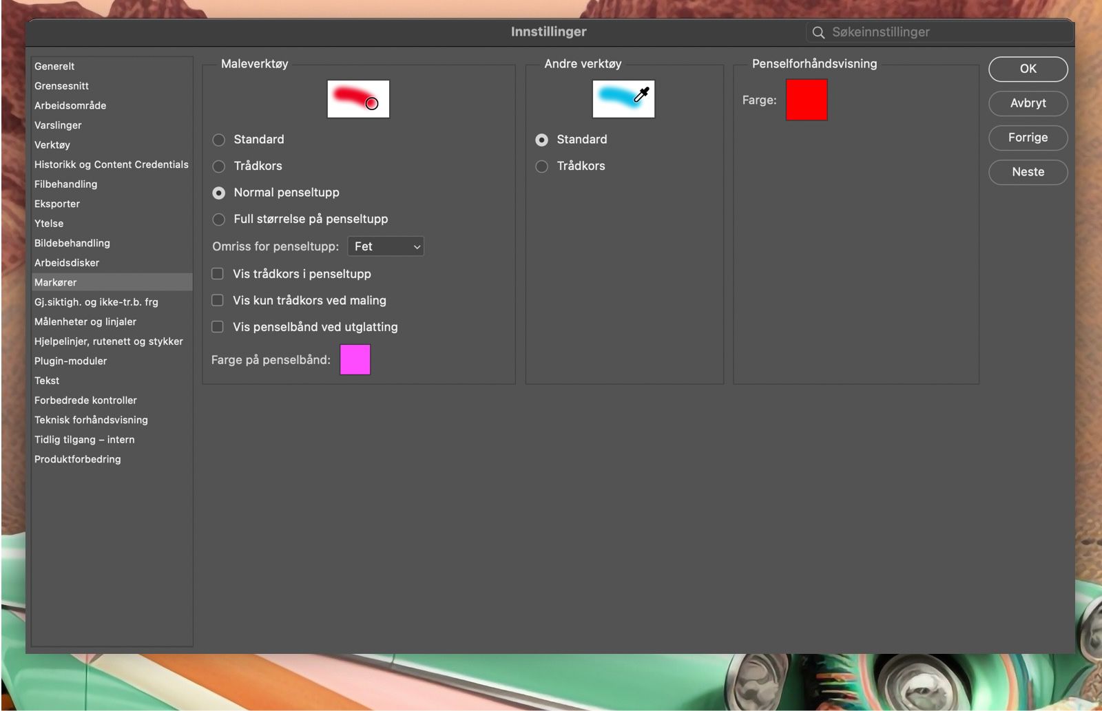 Et eksempeldokument som viser markøralternativene i Innstillinger-panelet.