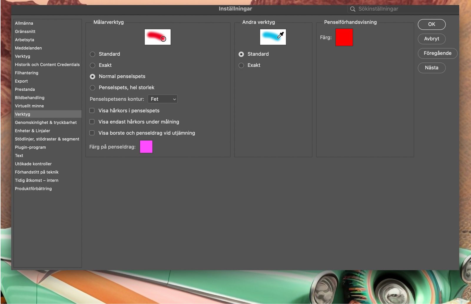 Ett exempeldokument som visar marköralternativen i options panel.