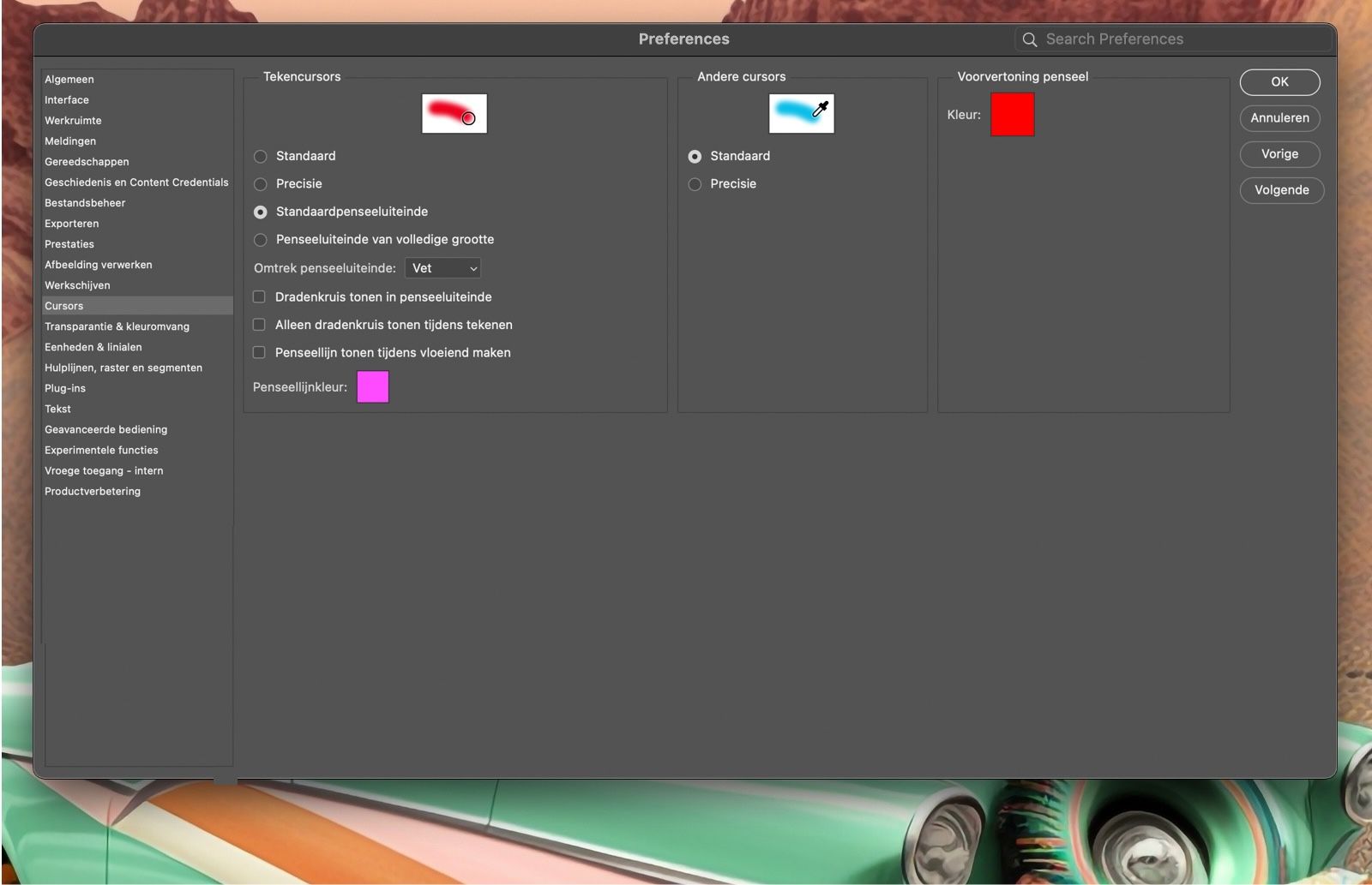 Een voorbeelddocument dat de Cursor-opties in het Voorkeuren-paneel toont.
