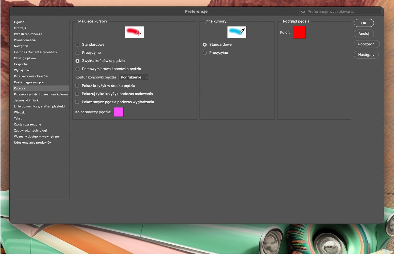 Przykładowy dokument pokazujący opcje Kursora w panelu Preferencje.
