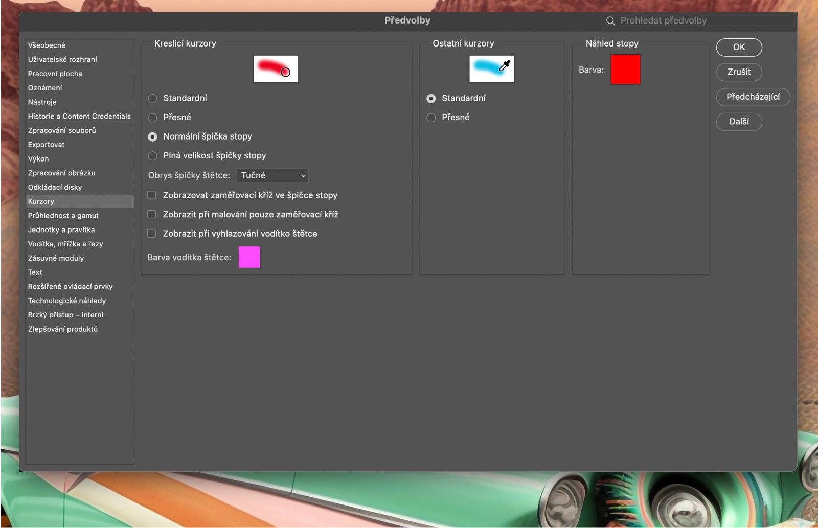 Ukázkový dokument zobrazující možnosti Kurzoru v panelu Předvolby.
