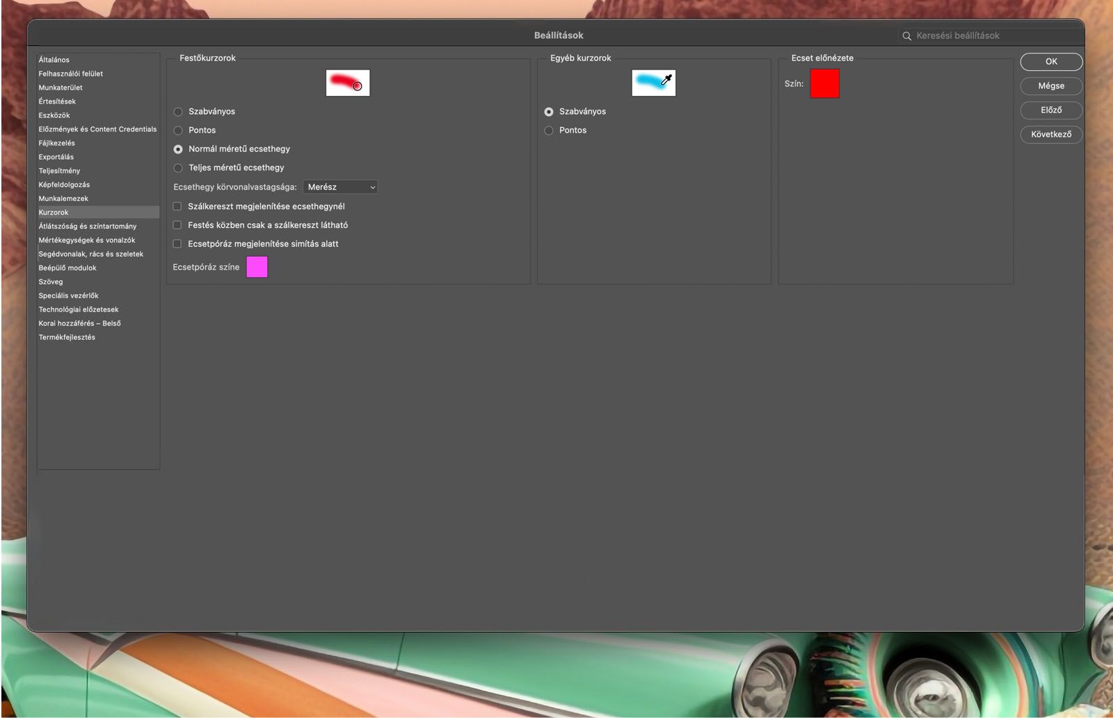 Egy mintadokumentum, amely a Beállítások panel Kurzor opcióit mutatja.