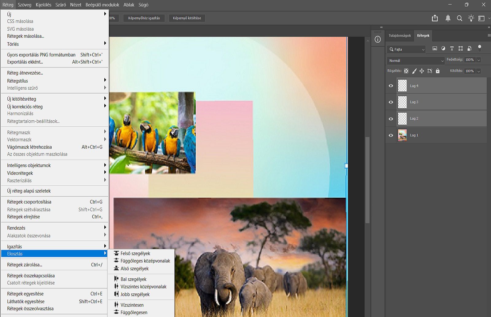 Egy mintadokumentum, amelyen a Rétegek panelen kijelölt rétegek és a Réteg menü Elosztás beállításai láthatók.