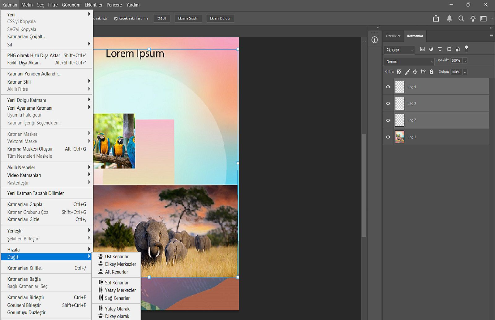 Katmanlar panelinde seçili katmanları ve Katman menüsünde Dağıt seçeneklerini gösteren örnek belge.