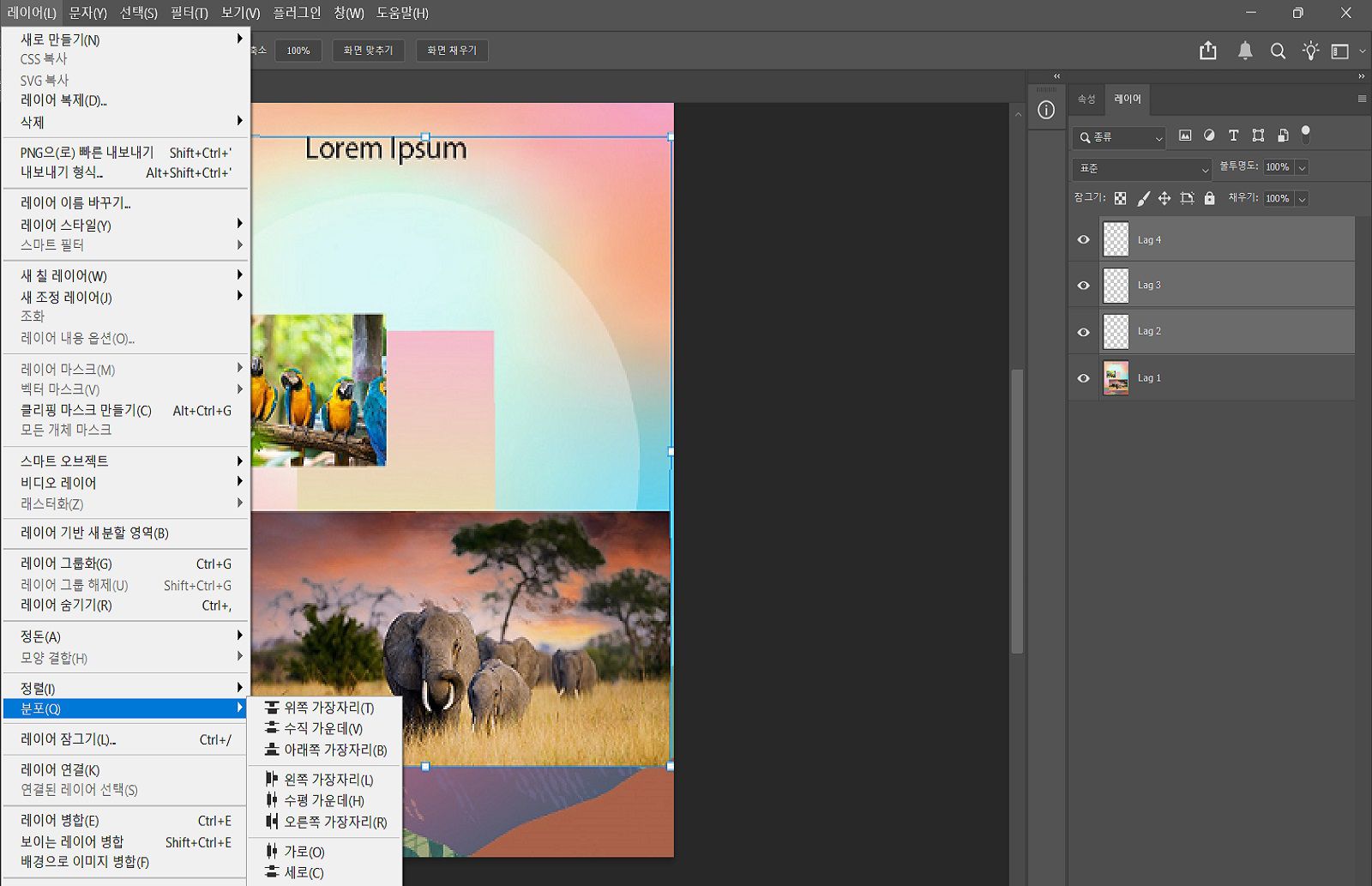 레이어 패널에서 선택된 레이어와 레이어 메뉴의 분배 옵션을 보여주는 예시 문서입니다.