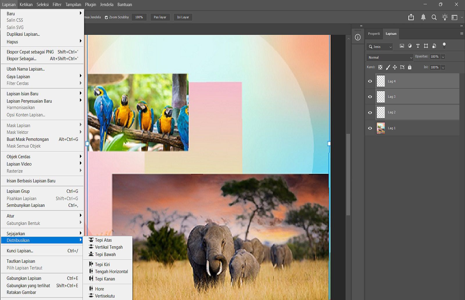 Contoh dokumen yang menampilkan lapisan yang dipilih di panel Lapisan dan opsi Distribusikan di menu Lapisan.