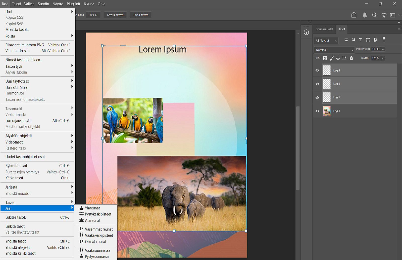 Esimerkkidokumentti, jossa on näkyvissä valitut tasot Tasot-paneelissa ja jakoasetukset Taso-valikossa.