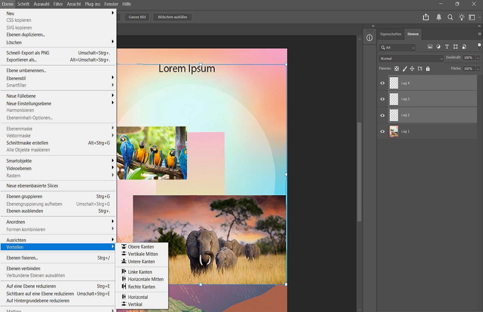 Ein Beispieldokument, das die ausgewählten Ebenen im Ebenen-Bedienfeld und die Verteilungsoptionen im Ebenen-Menü zeigt.