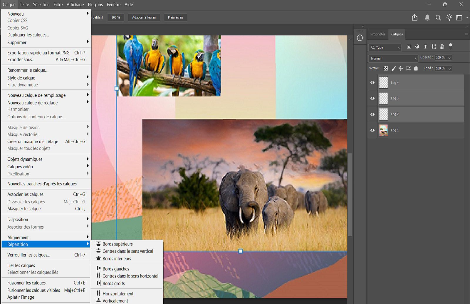 Un exemple de document montrant les calques sélectionnés dans le panneau Calques et les options de répartition dans le menu Calque.