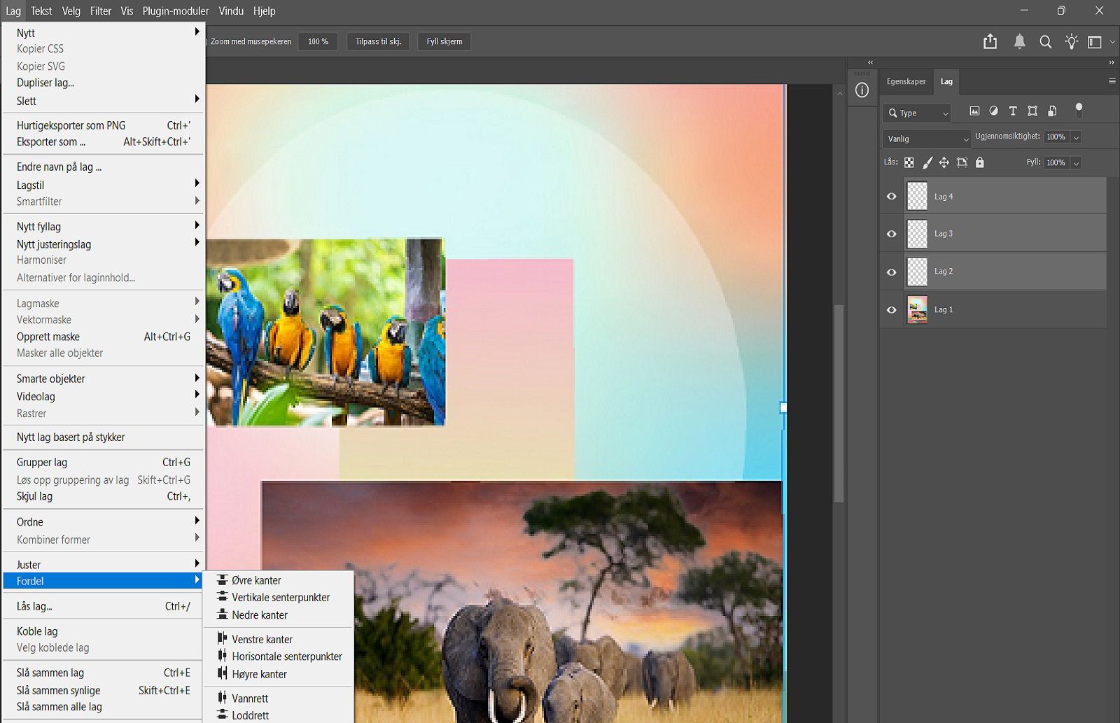 Et eksempeldokument som viser de valgte lagene i Layers-panelet og Distribute-alternativene i Layer-menyen.