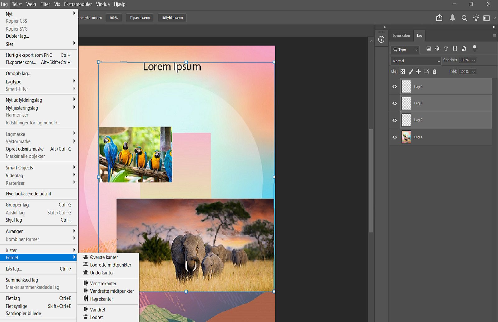 Et eksempeldokument, der viser de valgte lag i panelet Lag og indstillinger for fordeling i menuen Lag.