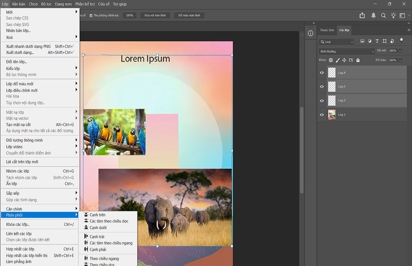 Tài liệu mẫu cho thấy các lớp được chọn trong bảng Lớp và các tùy chọn Căn chỉnh trong menu Lớp.