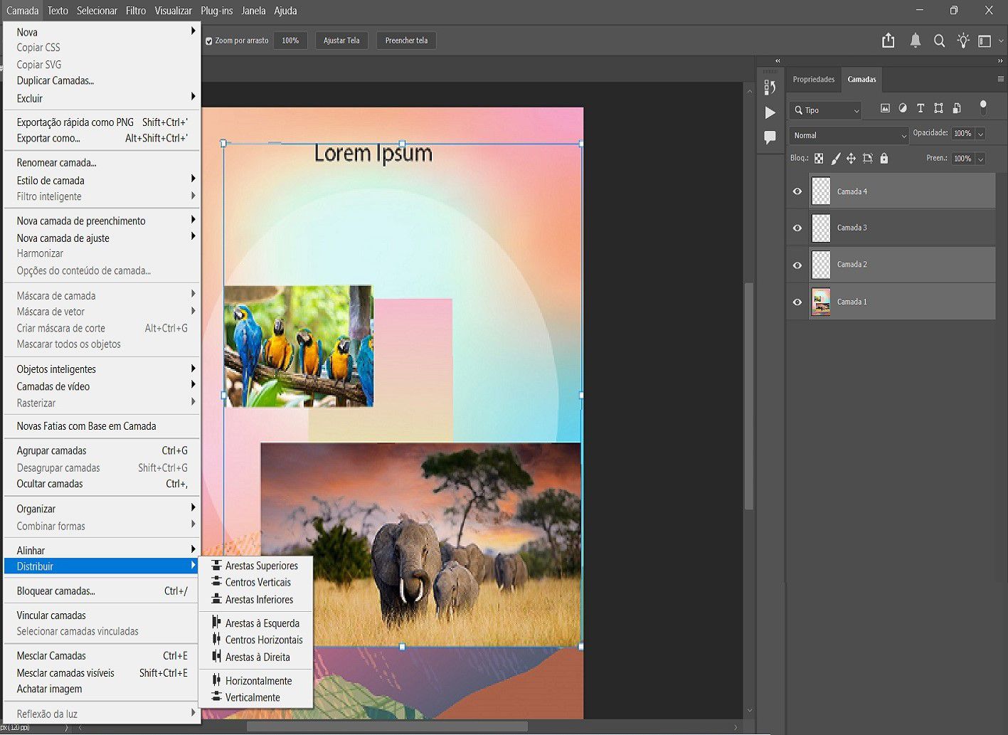 Um documento de exemplo mostrando as camadas selecionadas no painel Camadas e as opções Distribuir no menu Camada. 