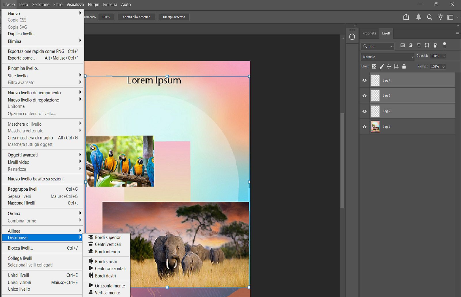 Un documento di esempio che mostra i livelli selezionati nel pannello Livelli e le options di distribuzione nel menu Livello.