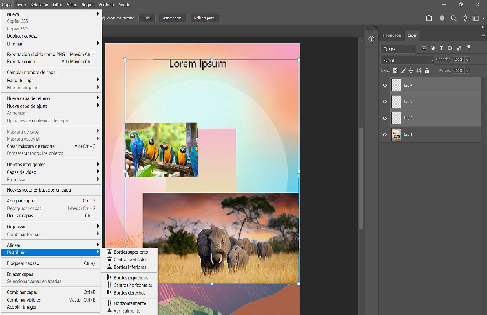Un documento de ejemplo que muestra las capas seleccionadas en el panel Layers y las options de Distribute en el menú Layer.