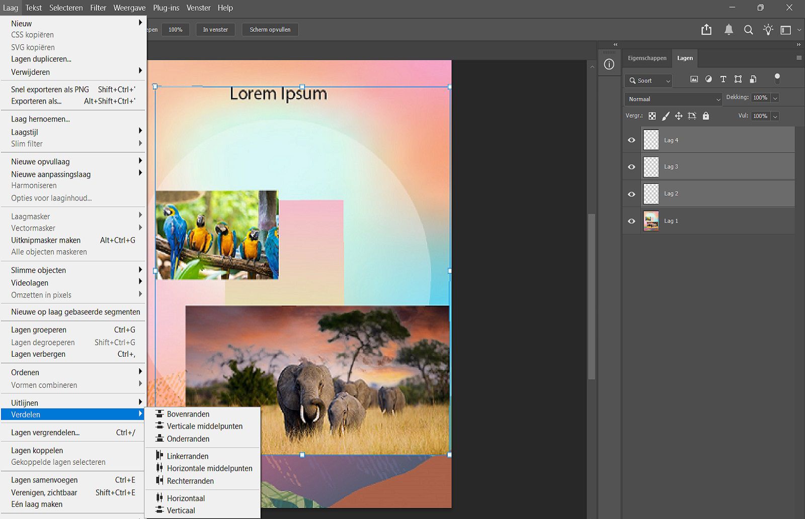 Een voorbeelddocument met de geselecteerde lagen in het Layers paneel en de Distribute options in het Layer menu.